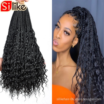 Ombre Burgundy Pre-looped Synthetic Boho Box Braided Silike Hair Goddess Locs messy box braids Crochet Bohemian Hair with Curly